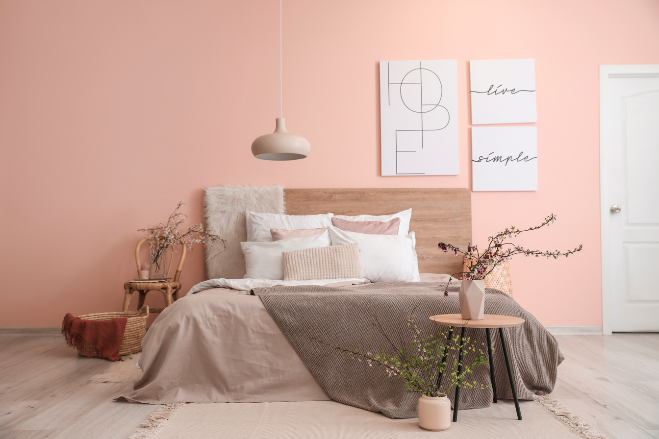 Minimalist Bedroom in Pink and Brown Colors